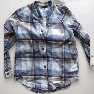 Blu Pepper Women's L Blue White Plaid  Button-Up Long Sleeve Collarless Frayed